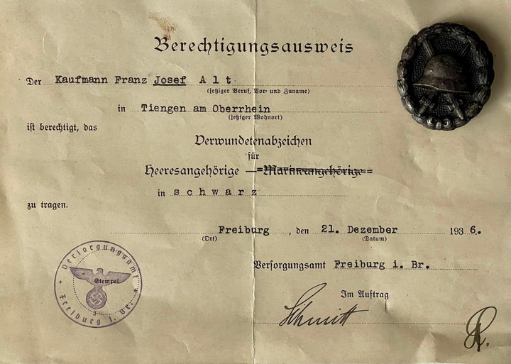 Germany Award and Document Black Army Wound Badge Josef Kaufmann - Derrittmeister Militaria