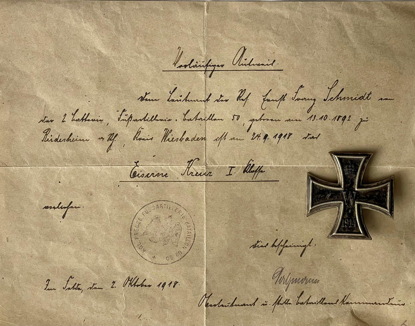 Germany Award and Document 1914 Iron Cross 1st Class Leutnant der Reserve Schmidt - Derrittmeister Militaria