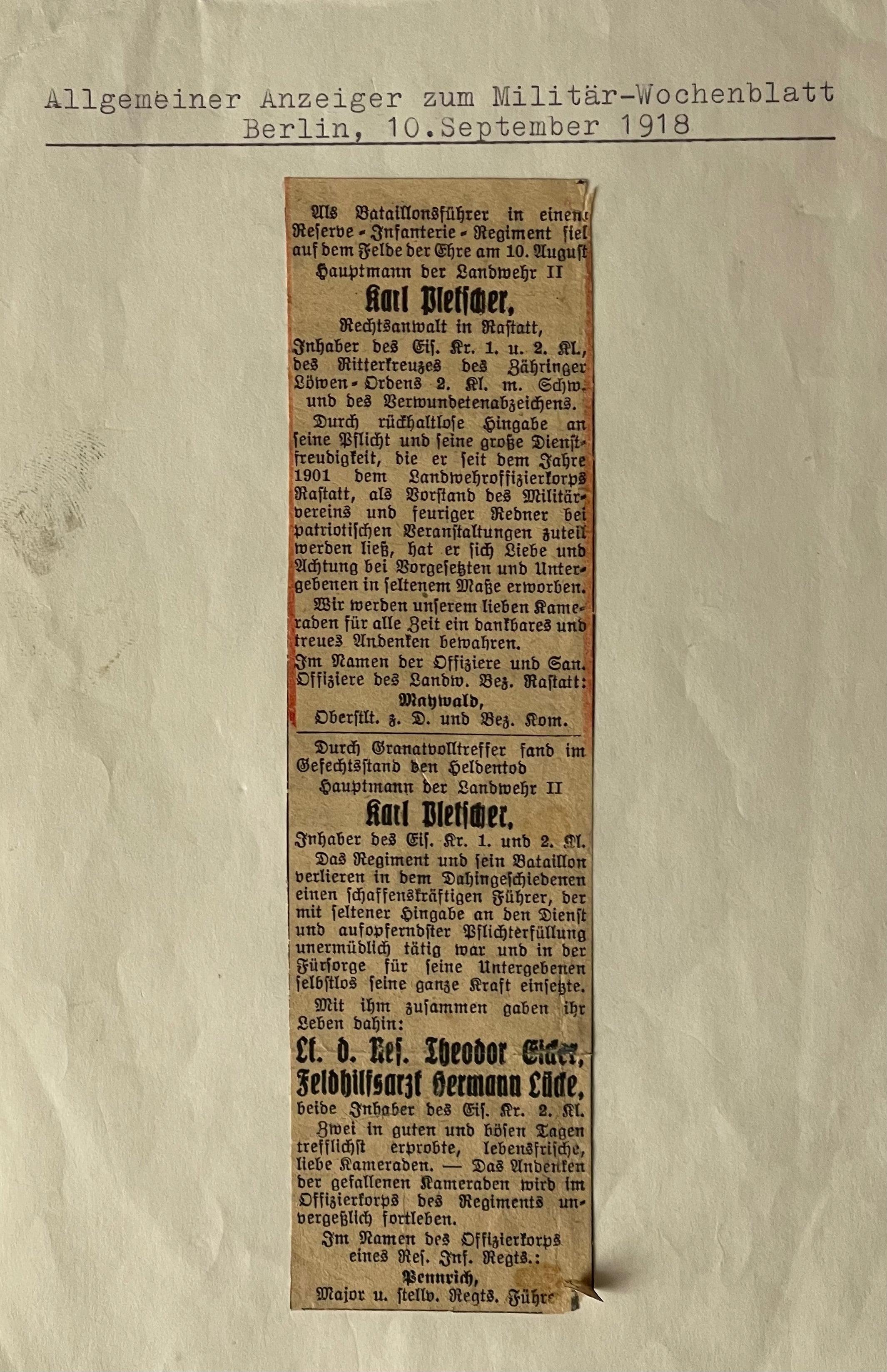 Germany Award and Document 1914 Iron Cross 1st Class Hauptmann d. L. II Karl Pletscher - Derrittmeister Militaria