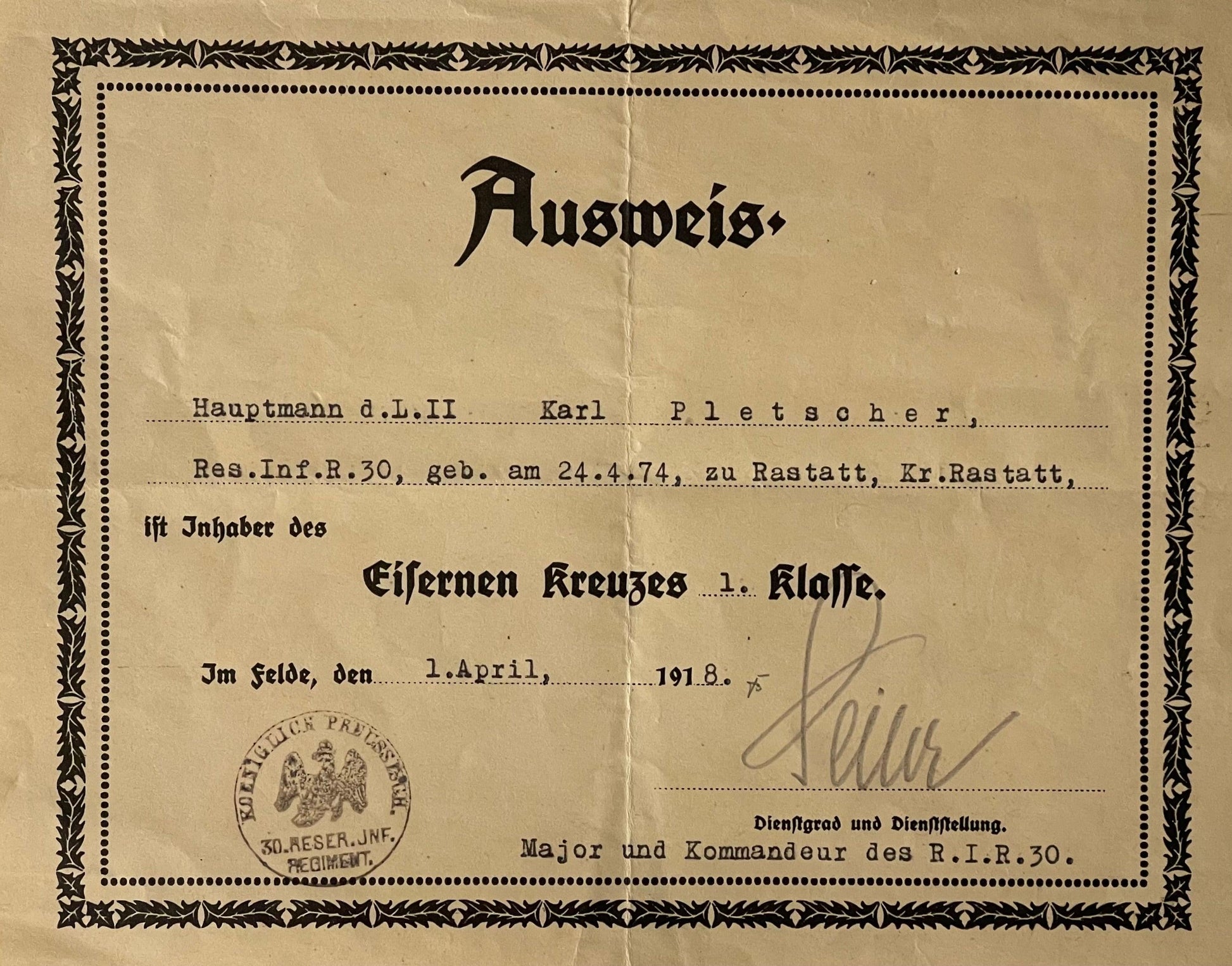 Germany Award and Document 1914 Iron Cross 1st Class Hauptmann d. L. II Karl Pletscher - Derrittmeister Militaria