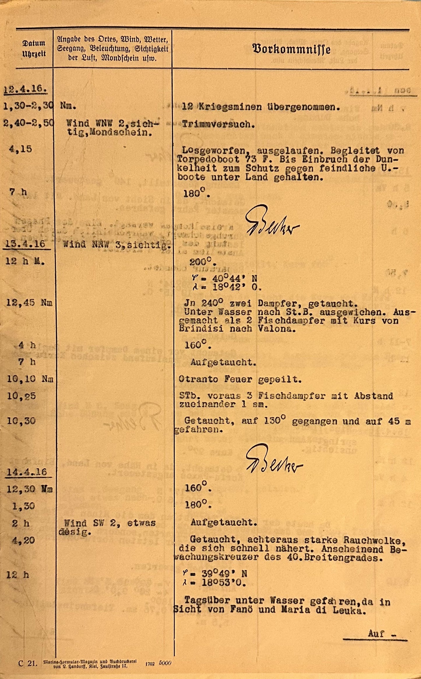 German Document for U Boot UC 14 Kriegstagbuch (War Diary) for Oberleutnant zur See Franz Becker - Derrittmeister Militaria Group