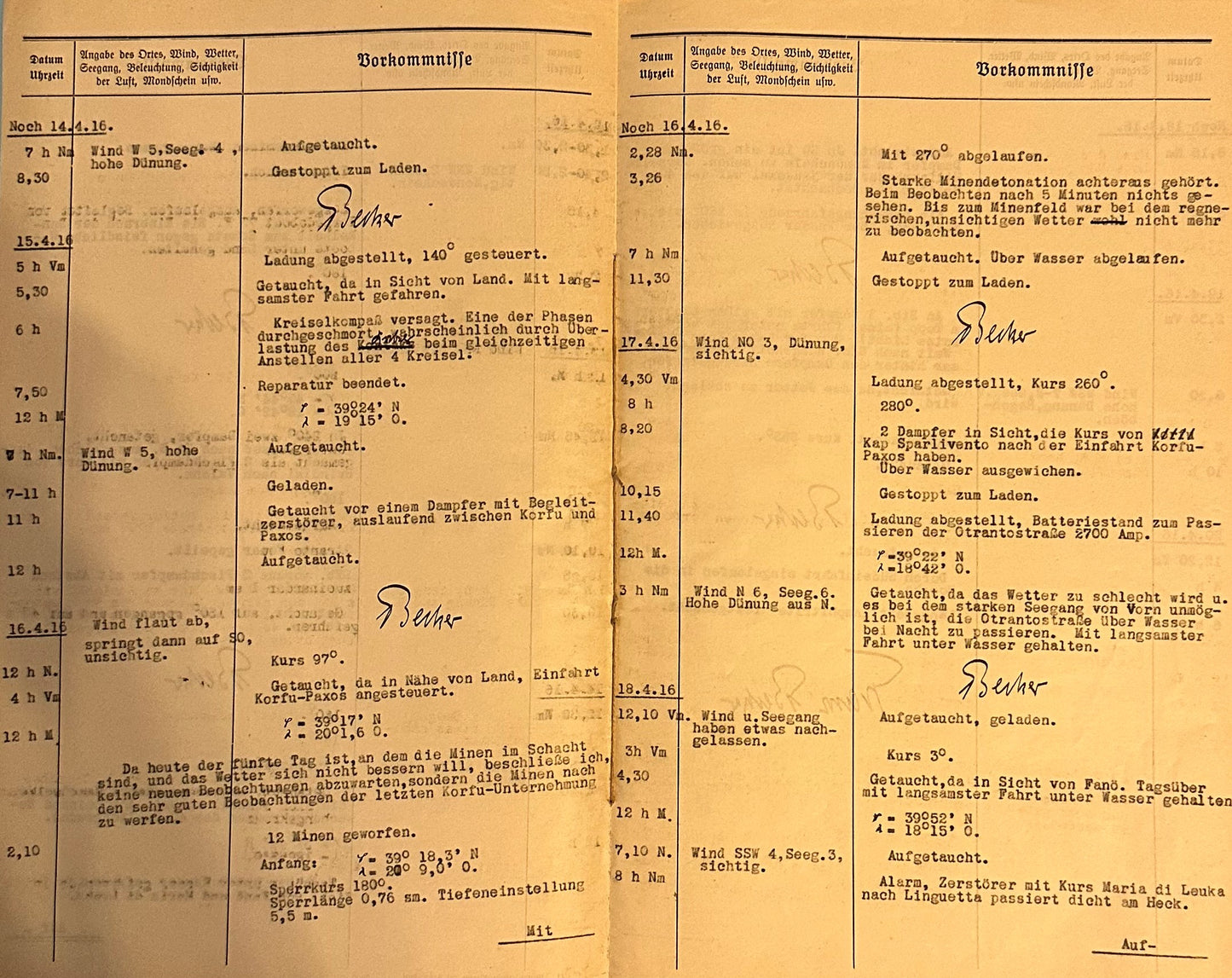 German Document for U Boot UC 14 Kriegstagbuch (War Diary) for Oberleutnant zur See Franz Becker - Derrittmeister Militaria Group