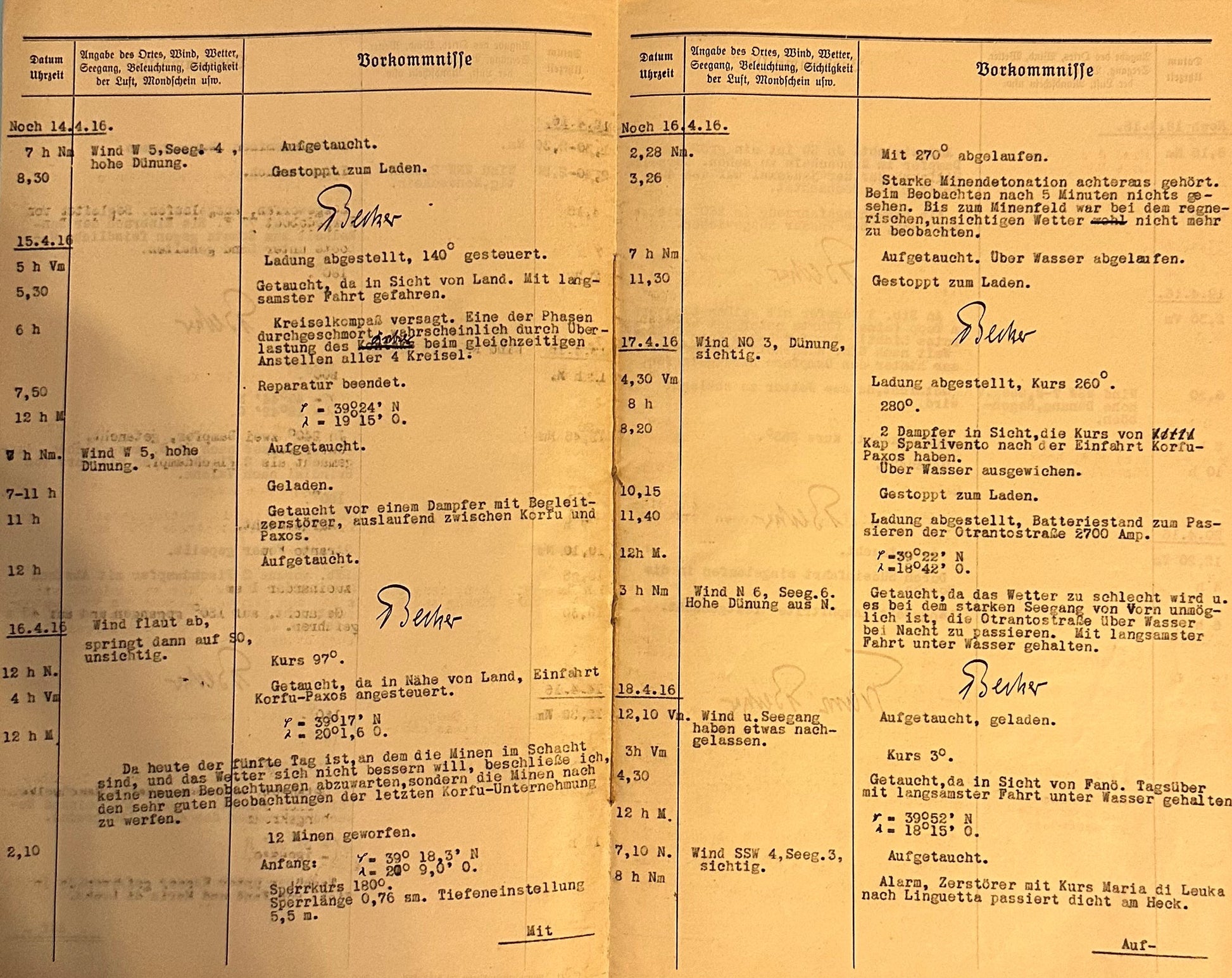 German Document for U Boot UC 14 Kriegstagbuch (War Diary) for Oberleutnant zur See Franz Becker - Derrittmeister Militaria Group