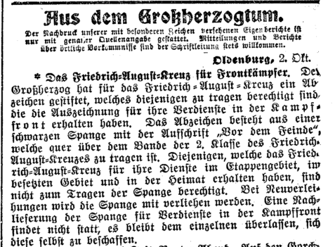 Oldenburg Friedrich-August Cross 2nd Class 1914 featuring the spange "Vor Dem Feinde" - Derrittmeister Militaria Group